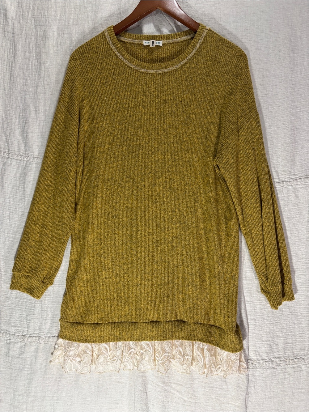 Earthbound Trading Co Olive Green Ribbed Knit Lace Trim Boho Top Size Medium
